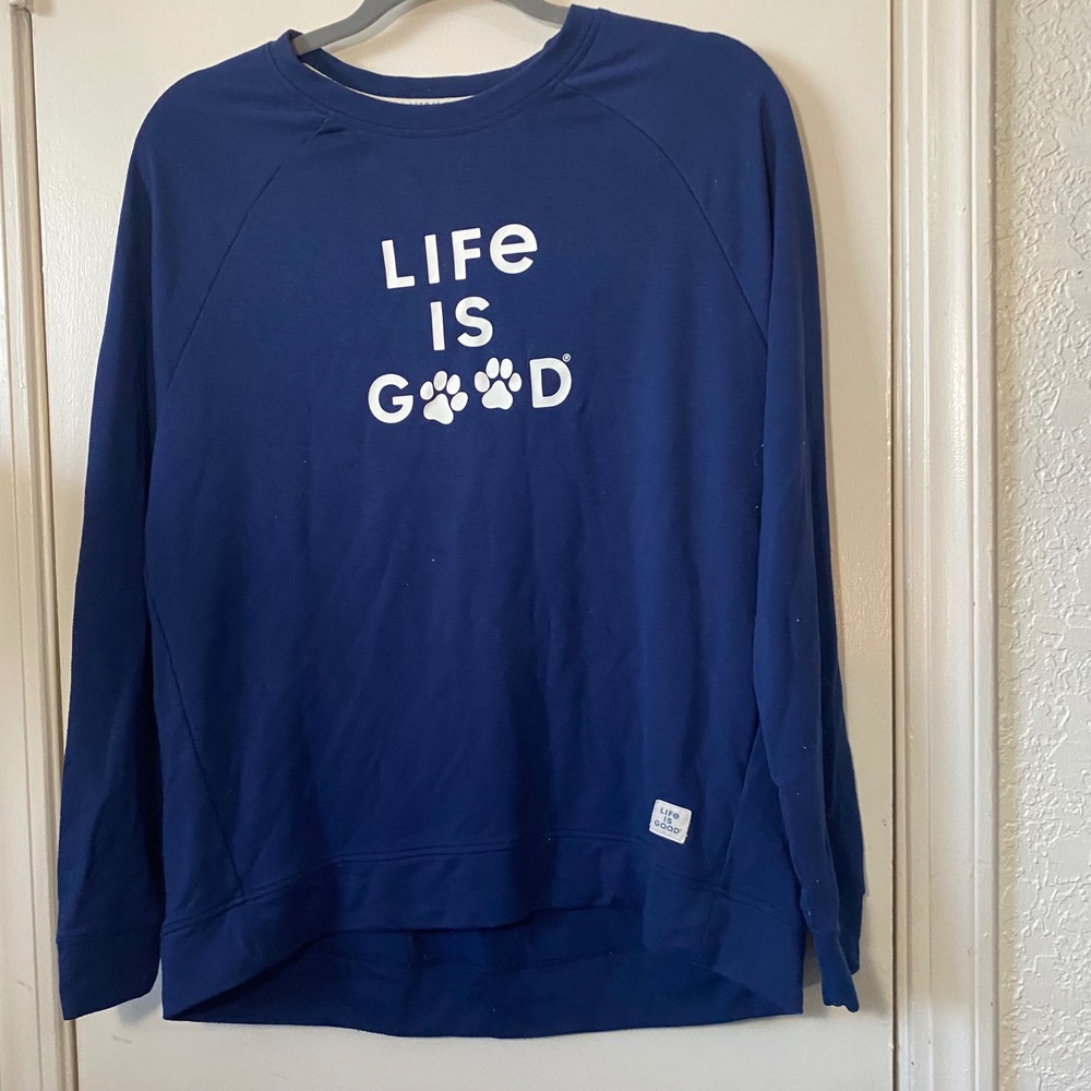 Life is Good Sleep Sweatshirt Small S Navy Blue Paw Print Dog Raglan Pullover‎